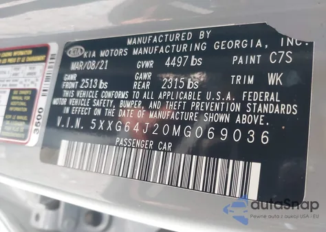 2021 Kia K5 Gt-Line z USA, uszkodzony, nr VIN 5XXG64J20MG069036